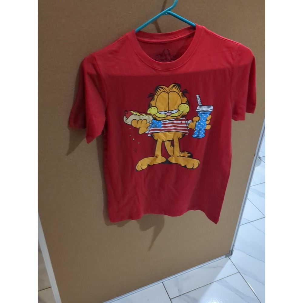Nwt Garfield American Cat‎ Red T-Shirt Size L 10-12 TV Show Comic Tee